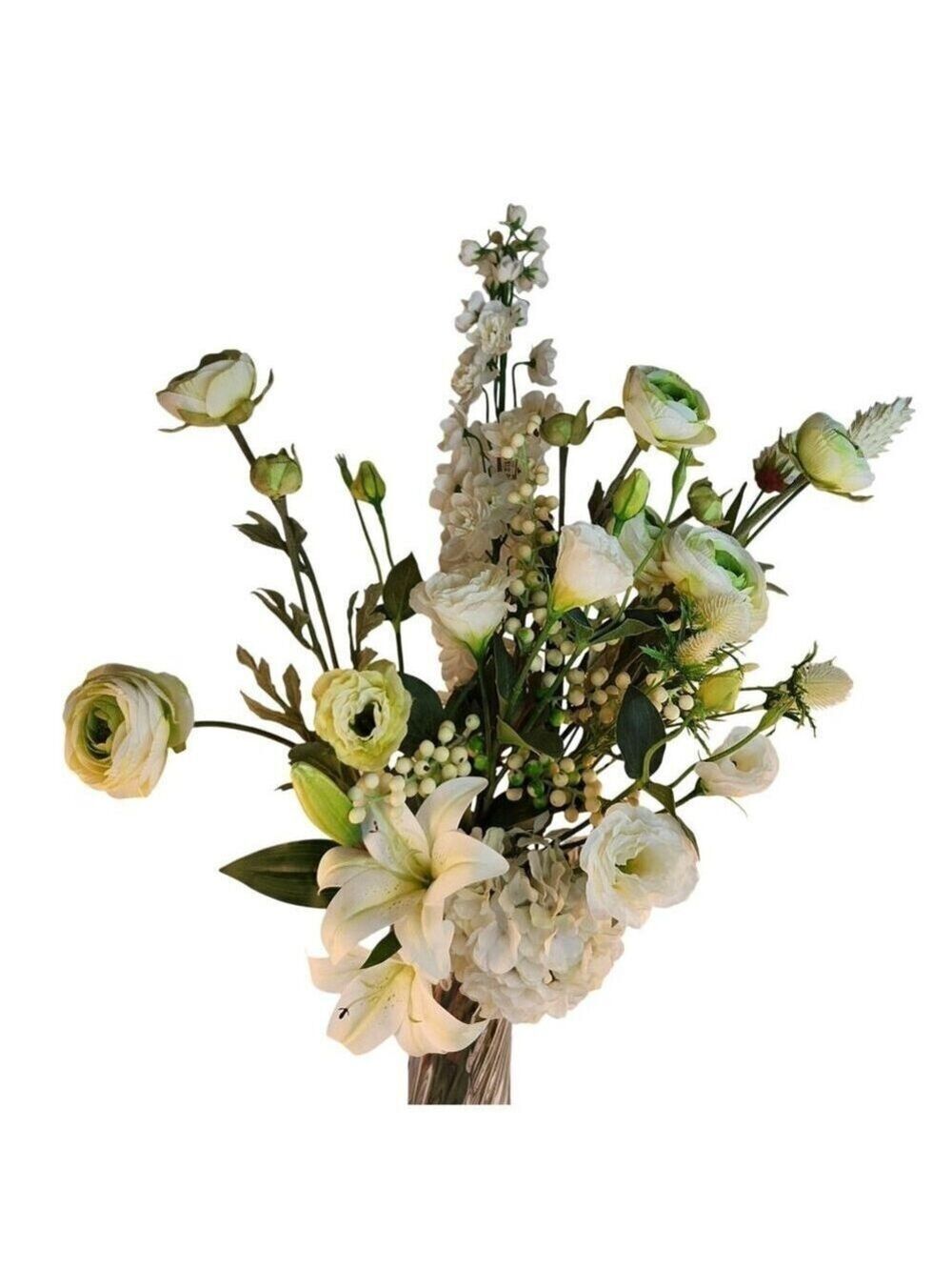 Artificial White Floral Bouquet W/ Lilies Roses & Hydrangeas - 13 Stems Realisti